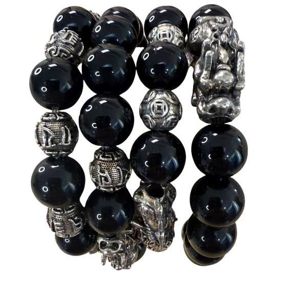 Feng Shui Black Obsidian Wealth Bracelets With 925 Silver Pixiu Lucky Charms - Picture 1 of 6